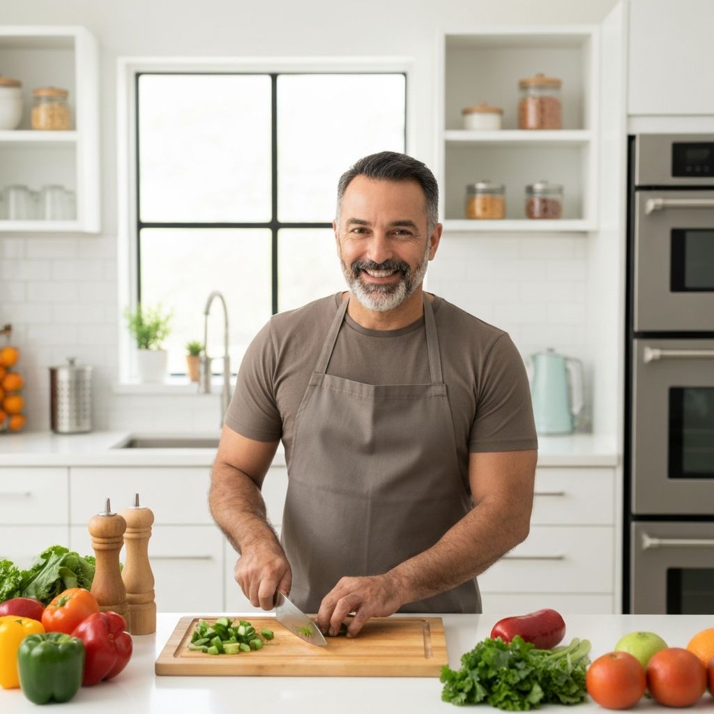 Person preparing nutritious food in home kitchen with fresh ingredients, warm natural lighting emphasizing educational meal preparation