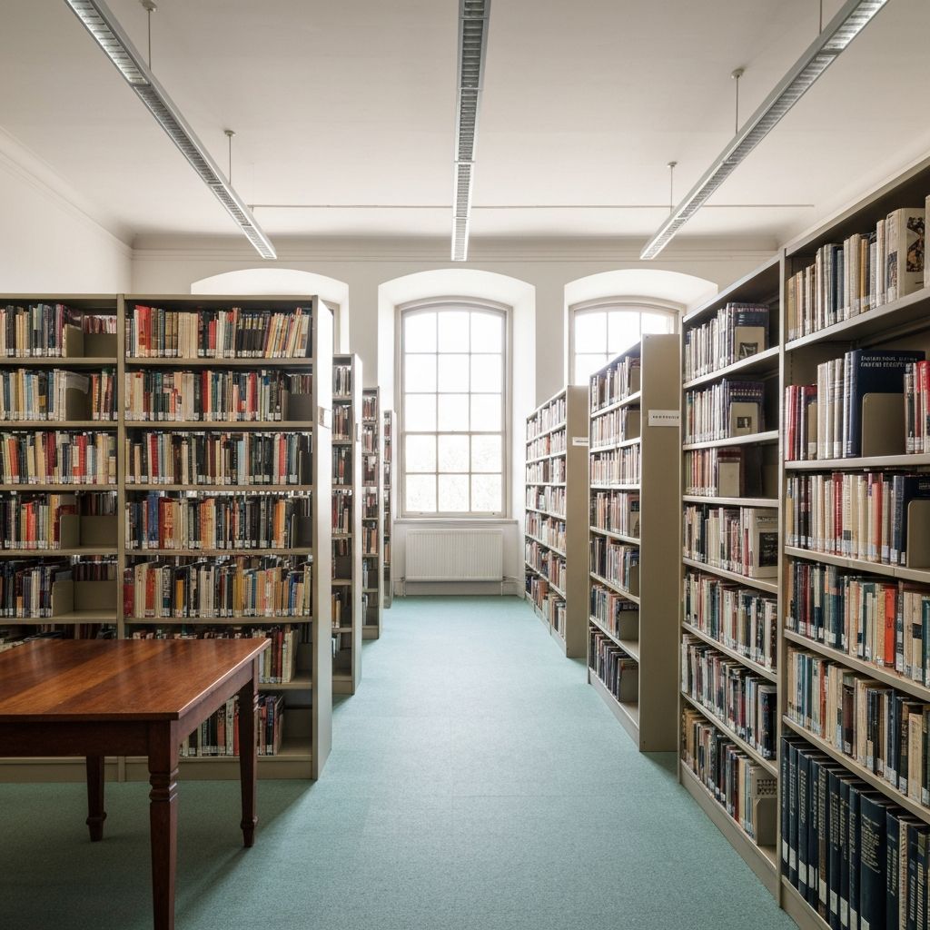 Library and archive setting with organized reference materials and educational resources about nutrition representing knowledge base