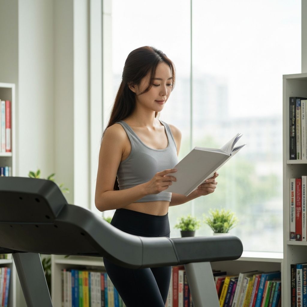 Person engaged in light physical activity while studying balanced nutrition information in calm educational setting with natural lighting