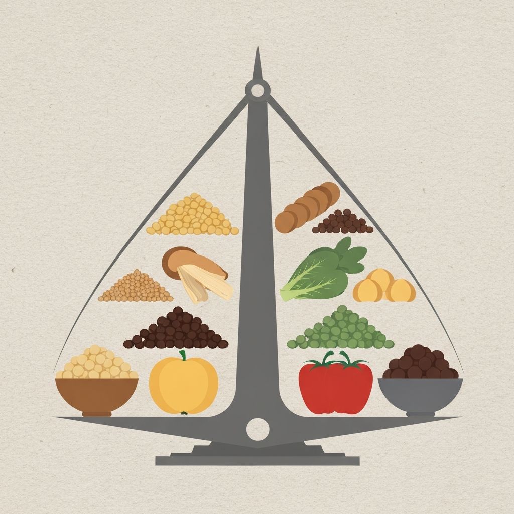 Visual representation of balanced nutrition with various food groups in equilibrium