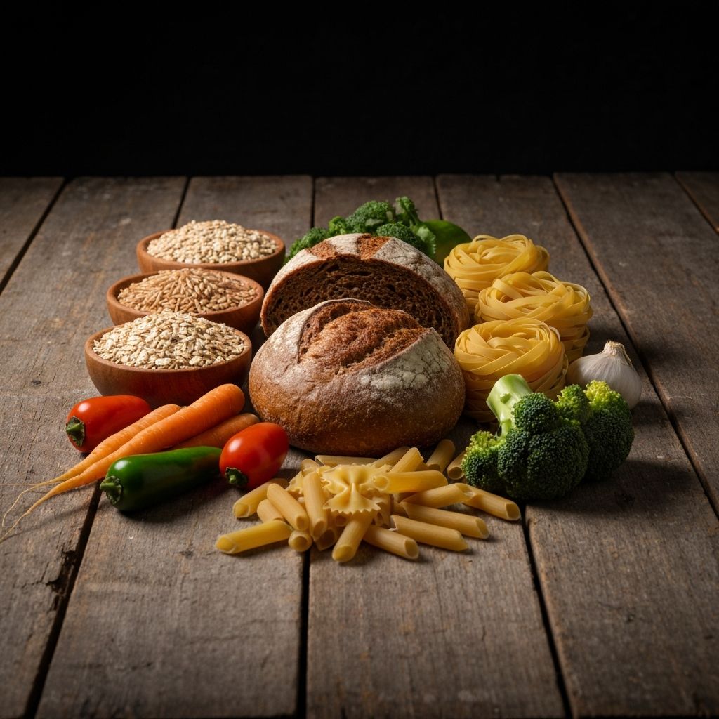 Moody arrangement of carbohydrate sources including whole grains, bread, vegetables, and pasta on wooden table with warm dramatic lighting