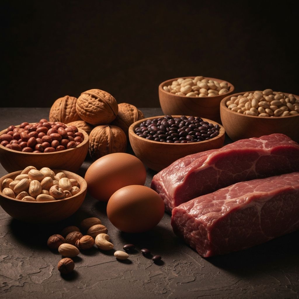 Moody still life arrangement of protein-rich foods including eggs, legumes, nuts, and lean meats with warm directional lighting