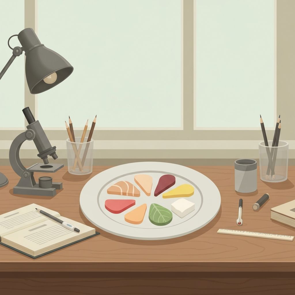 Balanced nutrition illustration with diverse food groups arranged on a plate representing macronutrients